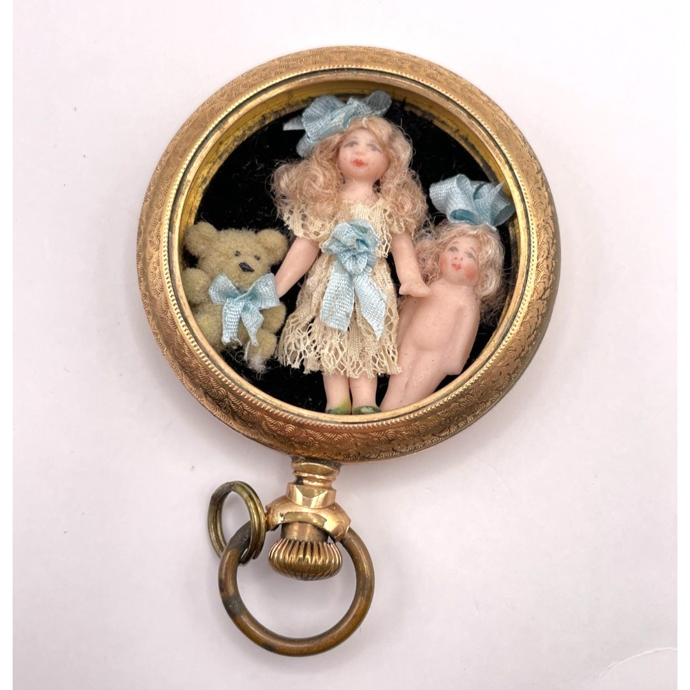 Vintage Miniature Bisque Dolls Teddy Bear Pocket Watch Case Blue